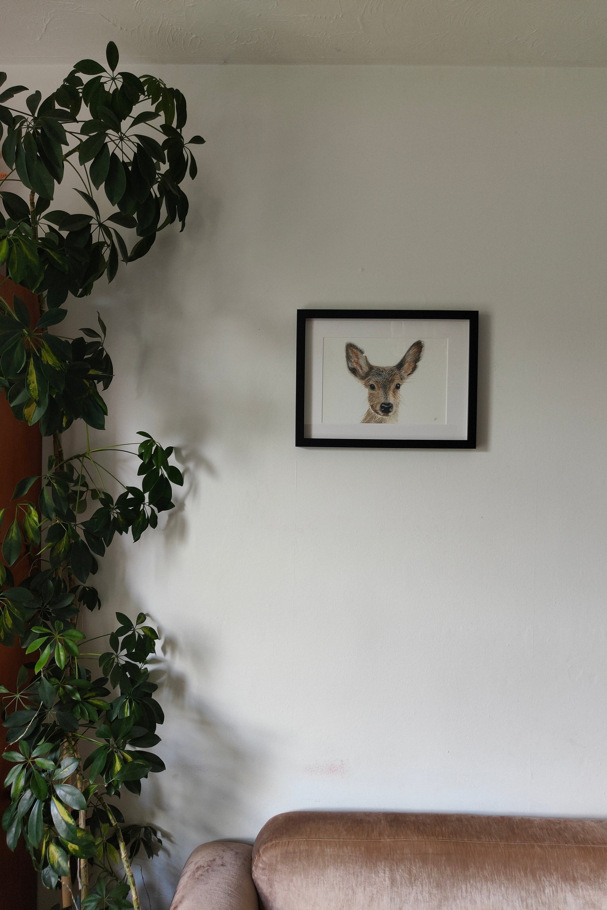 Watercolour painting of a deer on a wall above a sofa and next to a tall plant